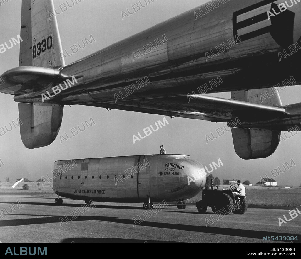 By itself, the cargo-carrying fuselage or "pod" of the revolutionary new Fairchild XC-120 Packplane looks just like what it is - a trailer - truck of the air. The "pod" is easily towed away from the plane, either empty or full of cargo or equipment. October 01, 1950. (Photo by Dan Frankforter, Fairchild Aircraft).;By itself, the cargo-carrying fuselage or "pod" of the revolutionary new Fairchild XC-120 Packplane looks just like what it is - a trailer - truck of the air. The "pod" is easily towed.