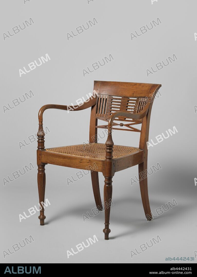 Armchair made of teak and rattan covered seat, so-called 'Raffles' chair, Armchair made of teak with rattan covered seat ('Raffles chair'). The chair rests on baluster-shaped ribbed front legs and saber-shaped rear legs that merge with the back arched back pillars. The back has a wide upper sill including a cut-away field with horizontal and vertical bars above a field with crossed bars. The bent arms end in ribbed onion shapes on twisted struts., anonymous, Indonesia, 1800 - 1810, teak (wood), rattan, h 82.5 cm × w 56 cm × d 59.5 cm.