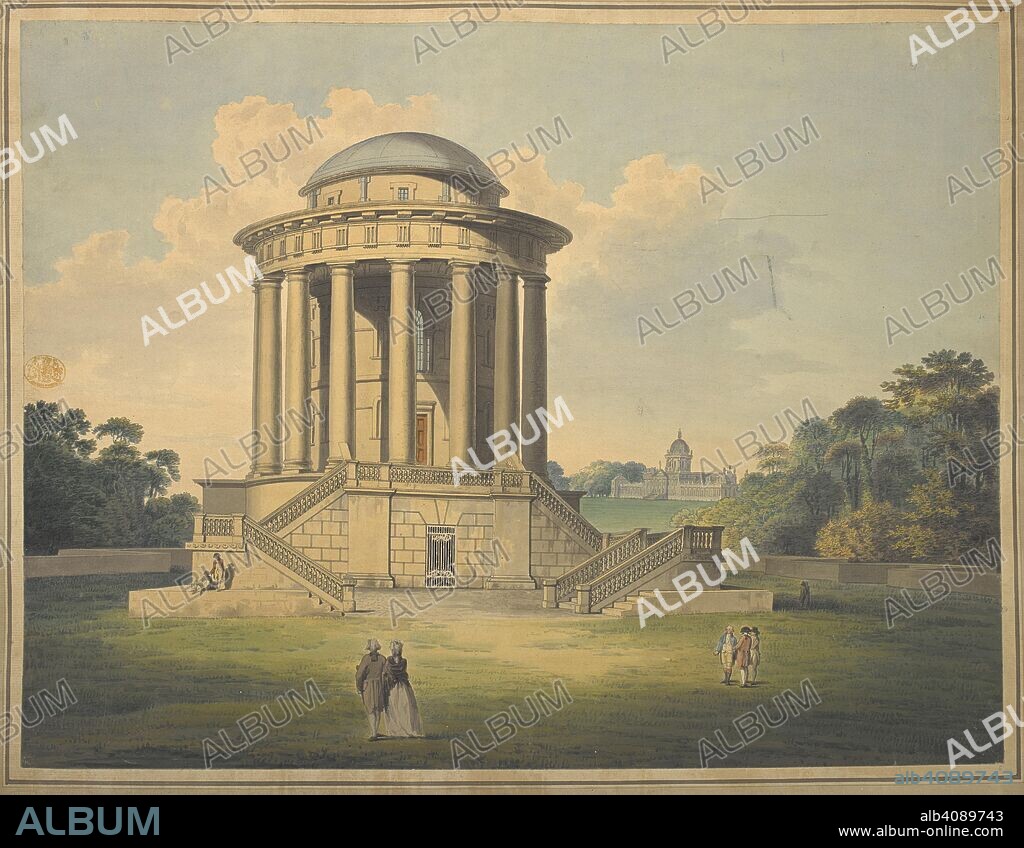 The Mausoleum at Castle Howard, Yorkshire. Figures standing by a mausoleum set in extensive parkland; Castle Howard in the distance; trees throughout the scene. c. 1780-1790. Source: Maps K.Top.45.18.m.