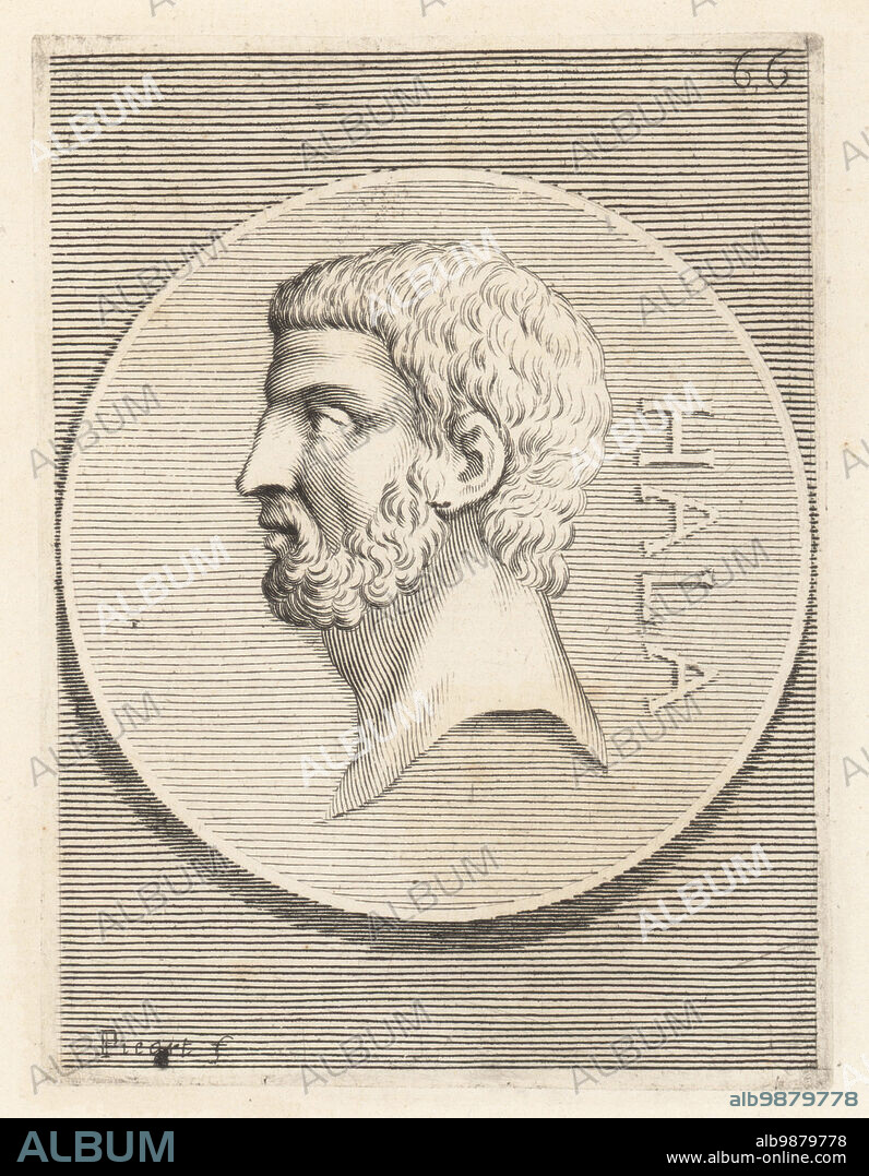 Gaius Servilius Ahala, magister equitum or Master of the Cavalry to Lucius Qunctius Cincinnatus, and assassin of Spurius Maelius, 5th century BC. From the verso of a silver denarius coin minted by Marcus Junius Brutus. Caio Sulpitio Hala. Copperplate engraving by Etienne Picart after Giovanni Angelo Canini from Iconografia, cioe disegni d'imagini de famosissimi monarchi, regi, filososi, poeti ed oratori dell' Antichita, Drawings of images of famous monarchs, kings, philosophers, poets and orators of Antiquity, Ignatio deLazari, Rome, 1699.