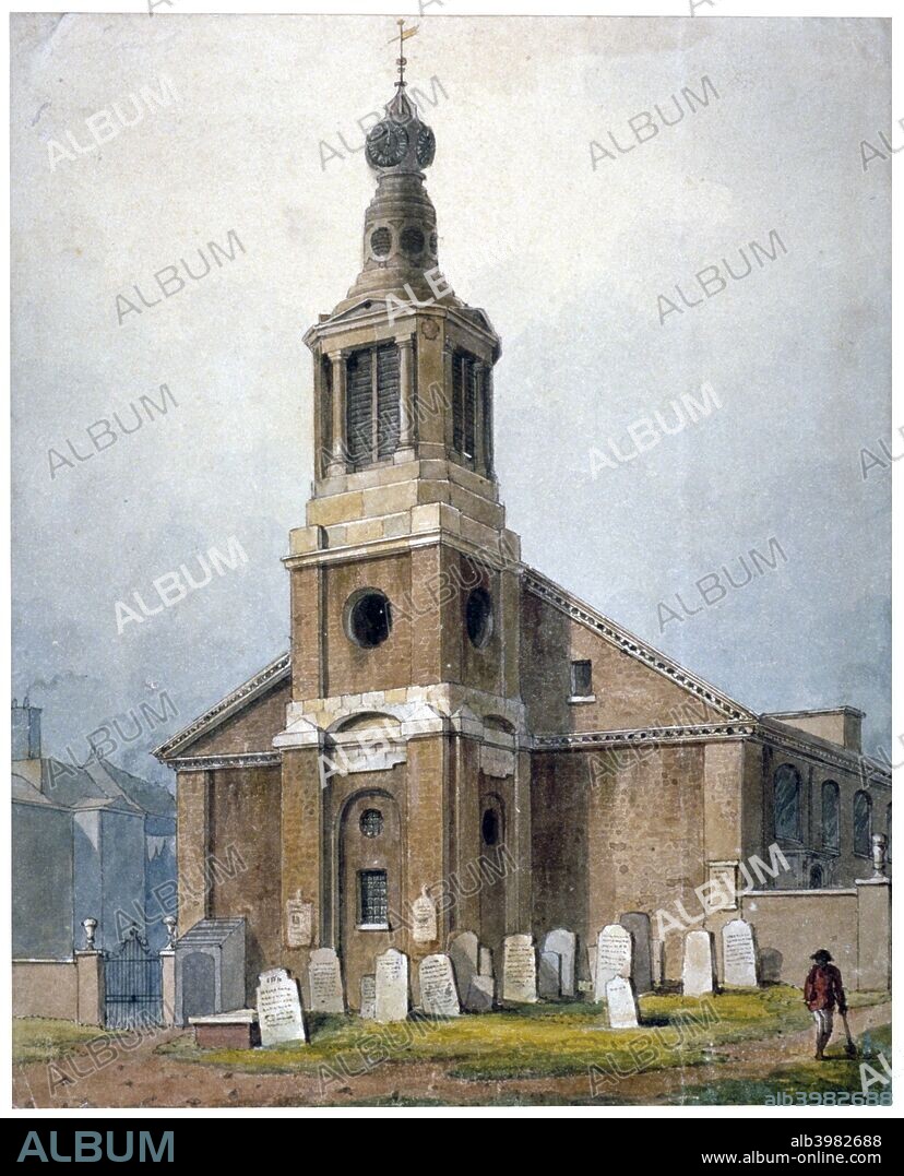Church of St Anne, Dean Street, Soho, London, 1828. Consecrated in 1686, the church was designed by either Sir Christopher Wren or his assistant, William Talman.