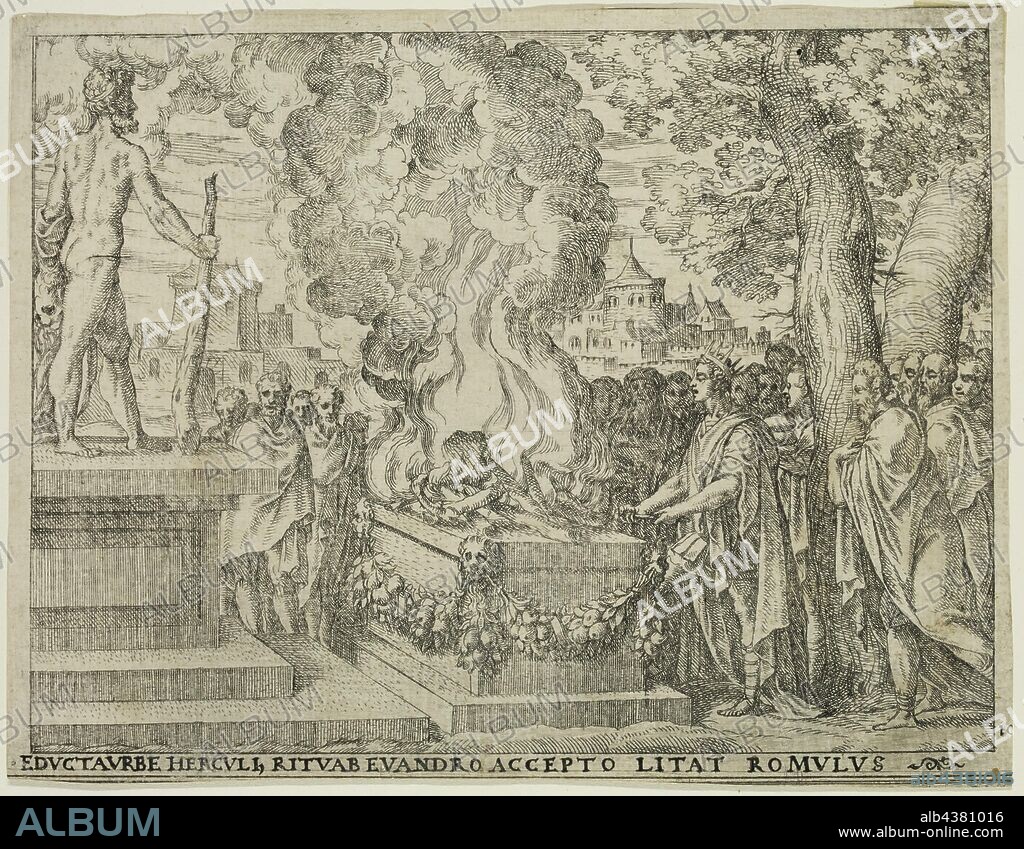 Giovanni Battista Fontana, Italian, 1524-1587, Romulus Offers a Sacrifice to Hercules, 1573, etching and engraving printed in black ink on laid paper, Sheet: 5 1/2 × 7 inches (14 × 17.8 cm).
