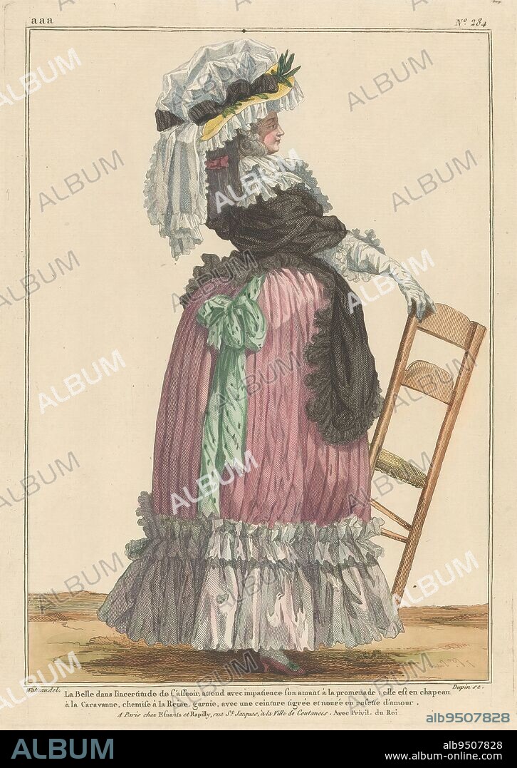 Gallerie des Modes et Costumes Français, 1785, aaa. 284: La Belle dans l'incertitud (...) (title on object), A woman, impatiently awaiting the arrival of her lover. She is dressed in a pink chemise à la Reine, the bottom of the skirt of which is trimmed with a wide pleated strip. Belt of speckled fabric around the waist, in a bow (rosette d'amour) at the back. On the head a large hat with drooping veil called 'Chapeau à la Caravanne'. Print from series aaa. 45th Cahier de Costumes Français, 40th Suite d'Habillemens à la mode en 1785, Gallerie des Modes et Costumes Français., print maker: Nicolas Dupin, (mentioned on object), after drawing by: François Louis Joseph Watteau, (mentioned on object), publisher: Esnauts & Rapilly, (mentioned on object), Paris, 1785, paper, etching, height 298 mm × width 194 mm.
