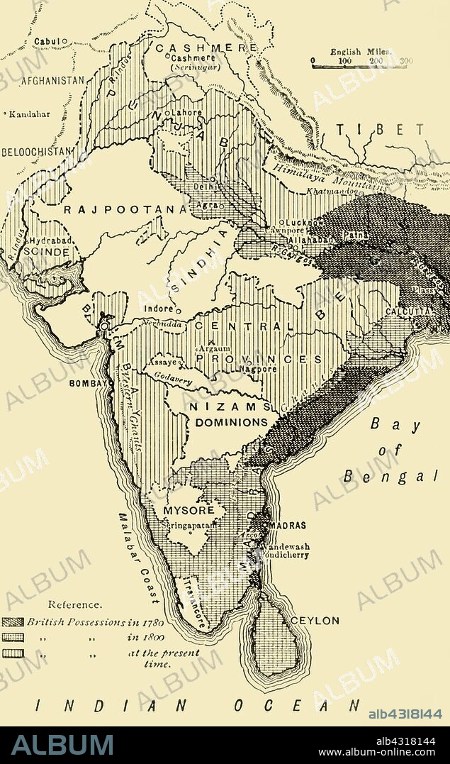 'Map of India, Showing the British Possessions in 1780,1800, and at the Present Time', 1890. From "Cassell's Illustrated Universal History, Vol. IV - Modern History", by Edmund Ollier. [Cassell and Company, Limited, London, Paris and Melbourne, 1890].