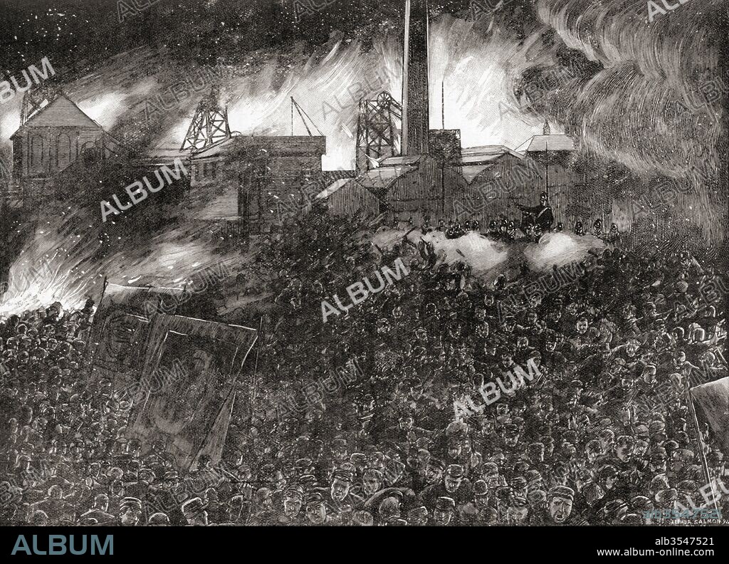 The Featherstone Riots, soldiers firing on the crowd during a miners' strike in 1893. From The Century Edition of Cassell's History of England, published c. 1900.