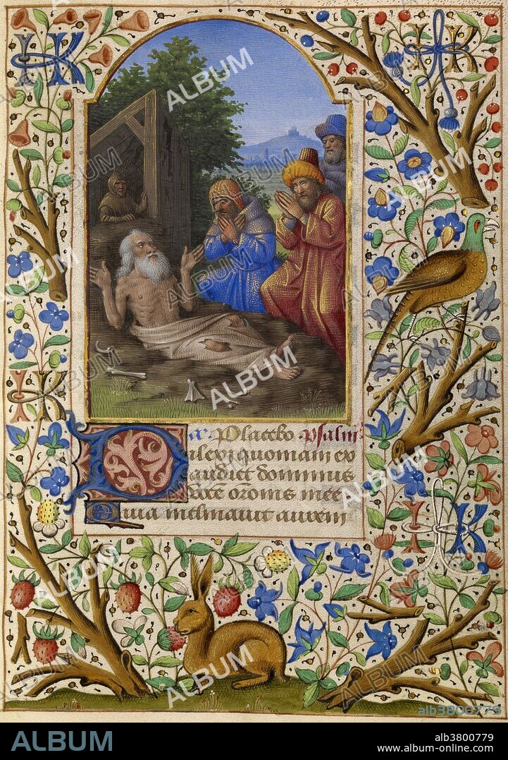 Job on the Dung Heap, an illumination by Jean Bourdichon, (French, 1457-1521) from c.1480-1485. Job is the central character of the Book of Job in the Old Testament. The story is also related in the Quran. In the Bible, Job is presented as a family man who lives a good and prosperous life, but is beset with disasters that take away all he has, including his family, his health, and his property. Job struggles to understand his misfortune and is eventually restored to prosperity by God.