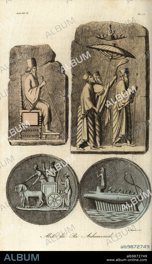 Costumes of the Achaemenid kings. King Cyrus the Great on his golden throne, King Xerxes I under parasol, Persian king riding a quadriga or four-horse chariot, and on a galley. From bas relief sculptures at Persepolis, Iran. Abiti dei Re Achemenidi. Handcoloured copperplate engraving by Andrea Bernieri from Giulio Ferrarios Costumes Ancient and Modern of the Peoples of the World, Il Costume Antico e Moderno, Florence, 1847.