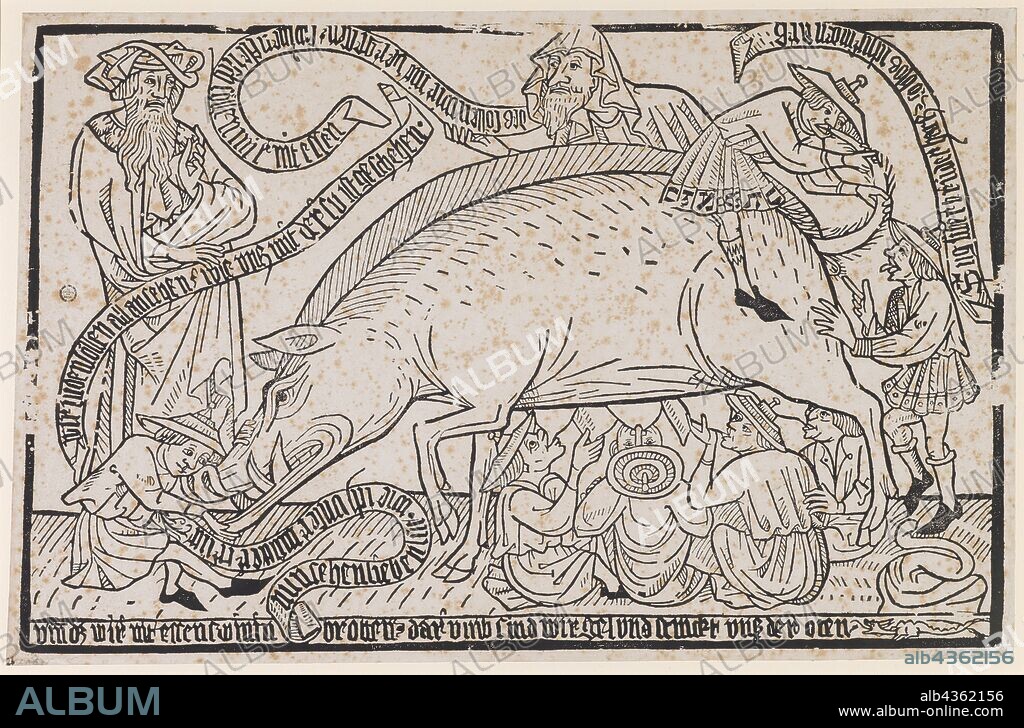 Mockery of the Jews, around 1470/80, reprint of the 17th or 18th century, woodcut, page: 27.9 x 43 cm, On the banners held by the rabbis l .: we Jews look like all., how untz with su has happened., We will never forget that., I do not want to eat meat, on the banner on the snout of the pig: now see dear lut., how I treat our mother, on the banner o. r .: Sug dear brother hartz., so I'm in the ars, u .: dm d [a] z we do not eat swinin breads., that is, we gel and stab the bottom., Anonym, Süddeutschland, 15. Jh.