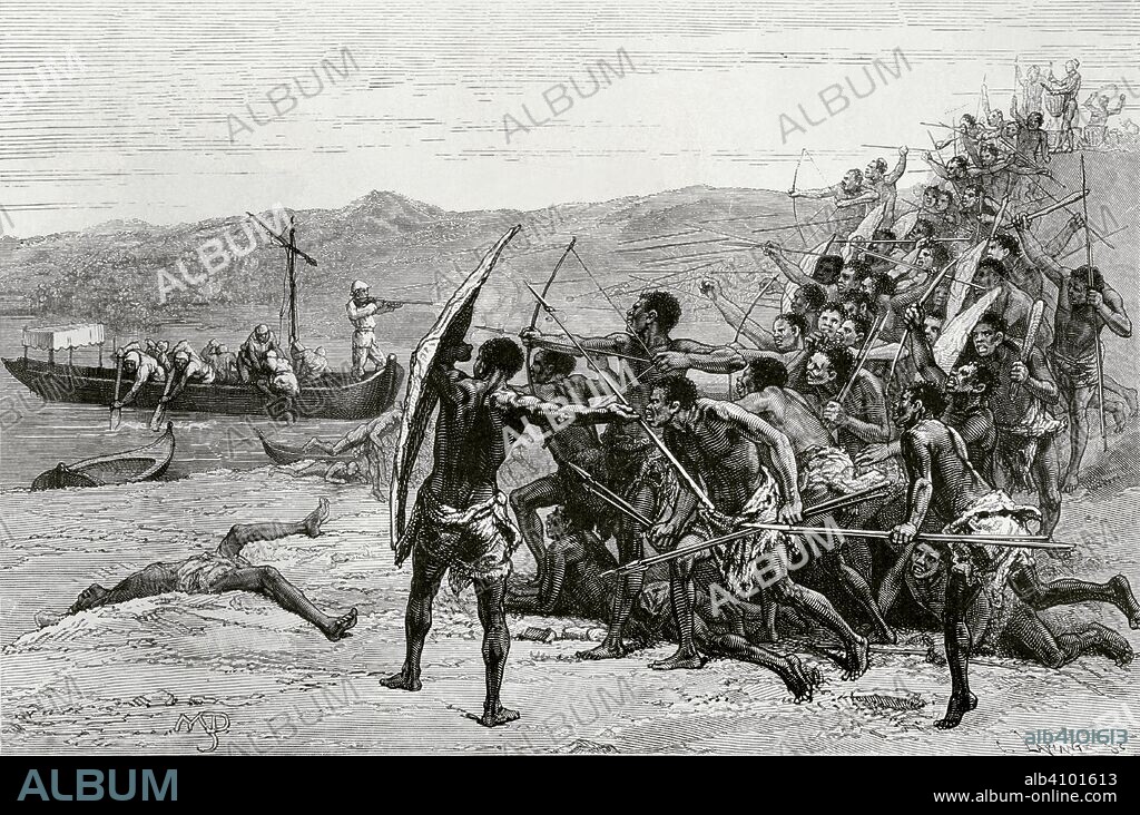 Africa Central. Exploración conjunta del norte del lago Tanganica por Livingstone y Stanley. Partida de la canoa Lady Alice, con el Dr. Livingstone (1813-1873), de la Isla de Bumbireh, con nativos no amistosos. Grabado. Africa Inexplorada, El Continente Misterioso, por Henry Morton Stanley, h. 1887. Biblioteca Histórico Militar de Barcelona, Cataluña, España.