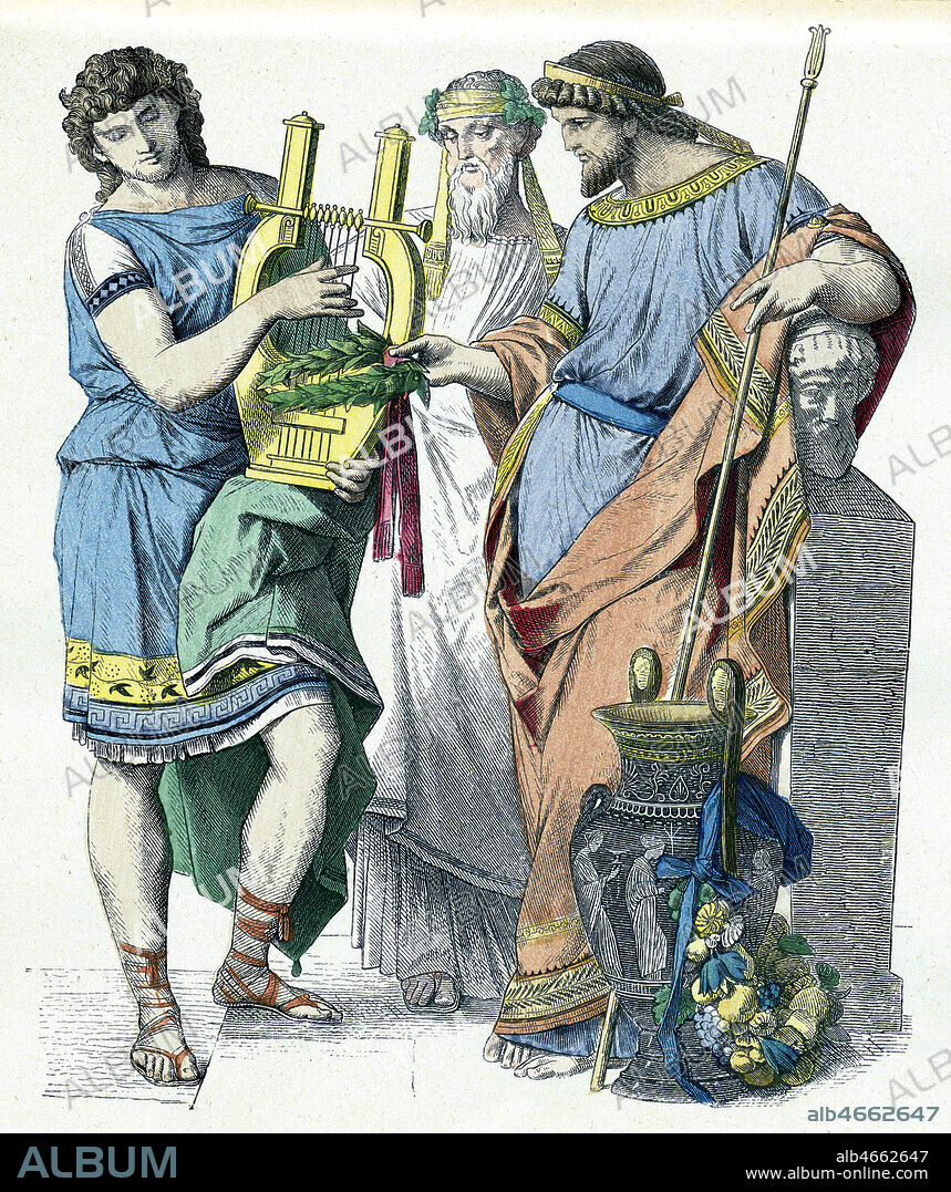 Antiquite grecque, costumes. Gravure dans recueil de planches de costumes de toutes les epoques vers 1860-1870. Credit LOU/ Kharbine Tapabor.