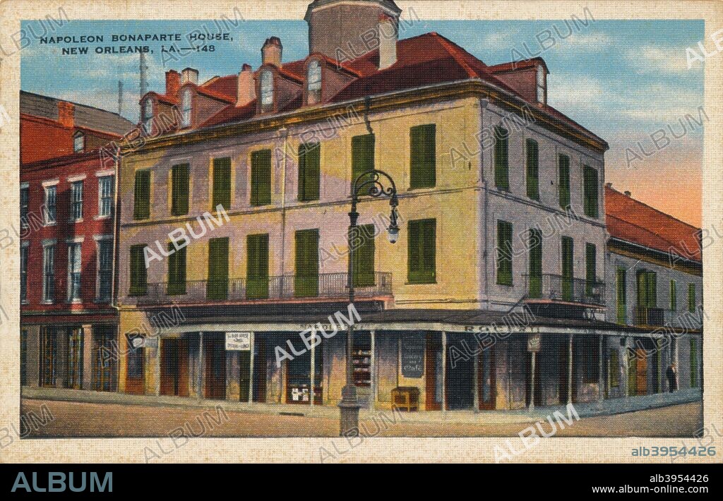 Napoleon Bonaparte House, New Orleans, 1935. The Napoleon House is a famous building in the French Quarter of New Orleans, Louisiana. Its name derives from the popular local story that its building was intended to be a residence for Napoleon Bonaparte (1769?1821) after his exile. From a postcard produced by E. C. Kropp Co., 1935.