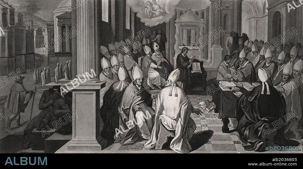 Historia de los concilios ecuménicos de Roma. Concilio de Efeso bajo el pontificado del papa Celestino, Cirilo, patriarca de Alejandria, y el rey Teodosio el joven, en el año 431. Editado en París, grabado de 1869.