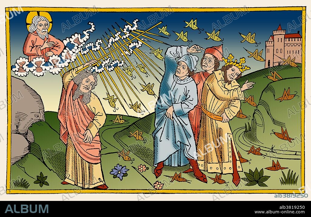 Woodcut depicting God sending the locusts to Egypt, from the Ninth German Bible (Cologne Bible), 1483. The Plagues of Egypt were ten calamities that, according to the biblical Book of Exodus, Israel's God, Yahweh, inflicted upon Egypt to persuade Pharaoh to release the Israelites from slavery. The eighth plague of Egypt was locusts. This image has been color enhanced.