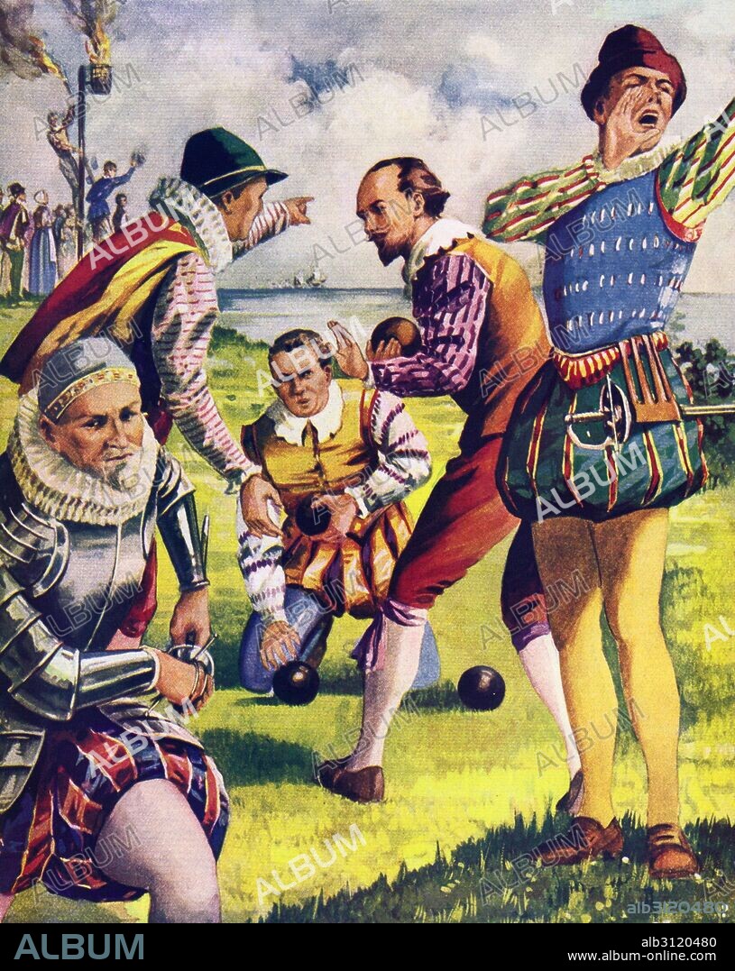 Illustration of Sir Francis Drake (1540-1596) vice admiral was an English sea captain, privateer, navigator, slaver, and politician of the Elizabethan era; playing bowls before the Spanish Armada. Dated 16th Century.