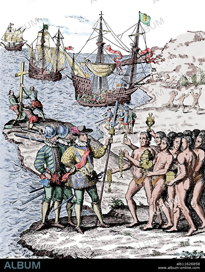 Engraving by Theodore de Bry, 1592. Formed part of his "America series", showing Christopher Columbus landing on the Caribbean island of Hispaniola in 1492.
