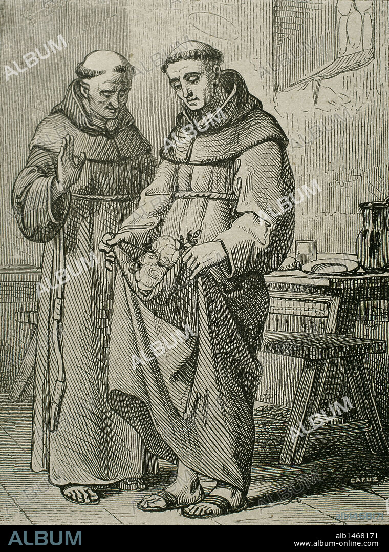 SAN PEDRO REGALADO (1391-h. 1456). Religioso franciscano español en el convento del Abrojo (Laguna de Duero, Valladolid). S. XV. Castilla-León. Grabado.