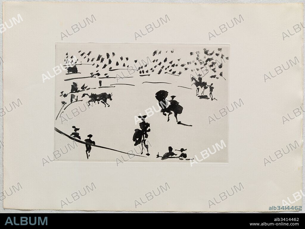 Pablo Picasso / "El Toro leaves the Toril", 1957, Engraving (aquatint to sugar, on copper matrix, on filigree paper), 19.9 x 29.5 cm, MPB112772.