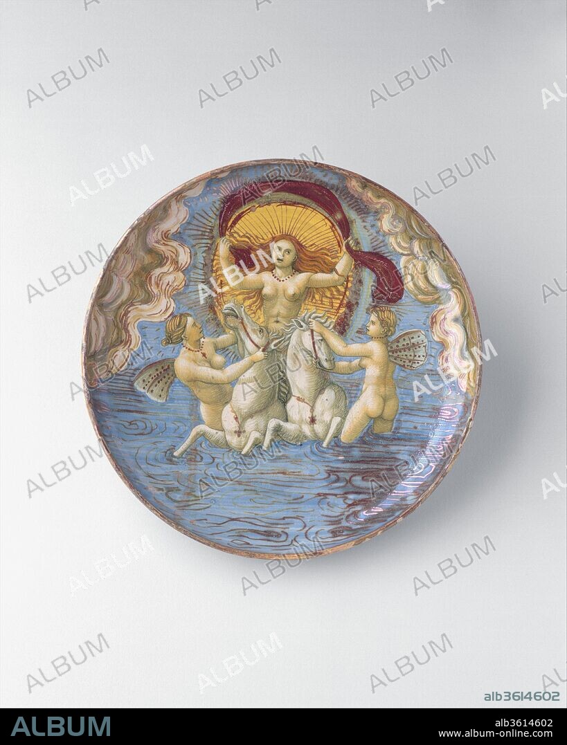 Aurora, goddess of dawn. Artist: probably the "In Castel Durante" Painter (Italian, active Castel Durante, first half of 16th century); lustered by Maestro Giorgio Andreoli (Italian (Gubbio), active first half of 16th century). Dimensions: Diameter: 10 1/16 in. (25.6 cm). Date: 1528.