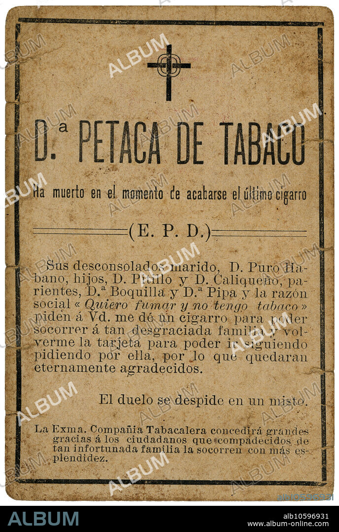 España. Esquela mortuoria satírica en memoria de Doña Petaca de Tabaco. Años 1930.