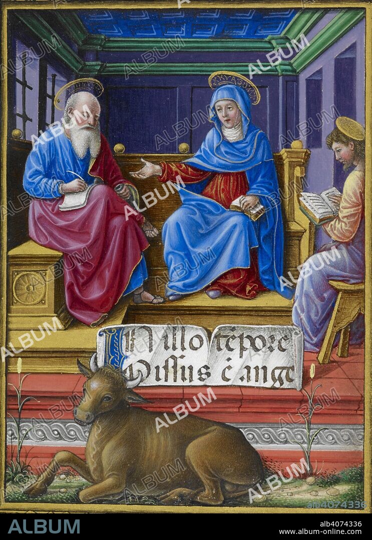 MUZIO ATTENDOLO MASTER. St Luke with the Virgin. Sforza Houra. Milan, circa 1490; Flemish insertions, 1517-1520. Source: Add. 34294, f.4. Language: Latin.