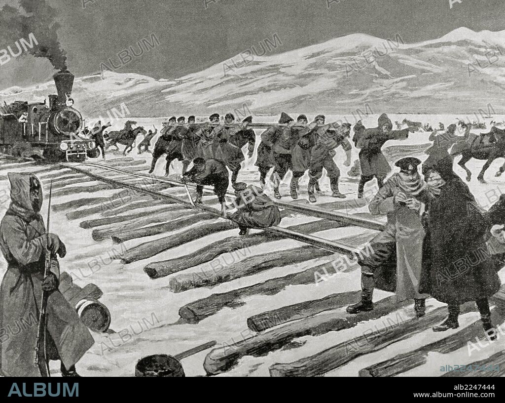 GUERRA RUSO-JAPONESA (1904-1905). Japón entró en guerra con Rusia con la finalidad de asegurarse intereses capitales en Corea y sur de Manchuria. "CONSTRUCCION DE UNA VIA FERREA SOBRE EL HIELO, EN EL LAGO BAIKAL". Grabado.