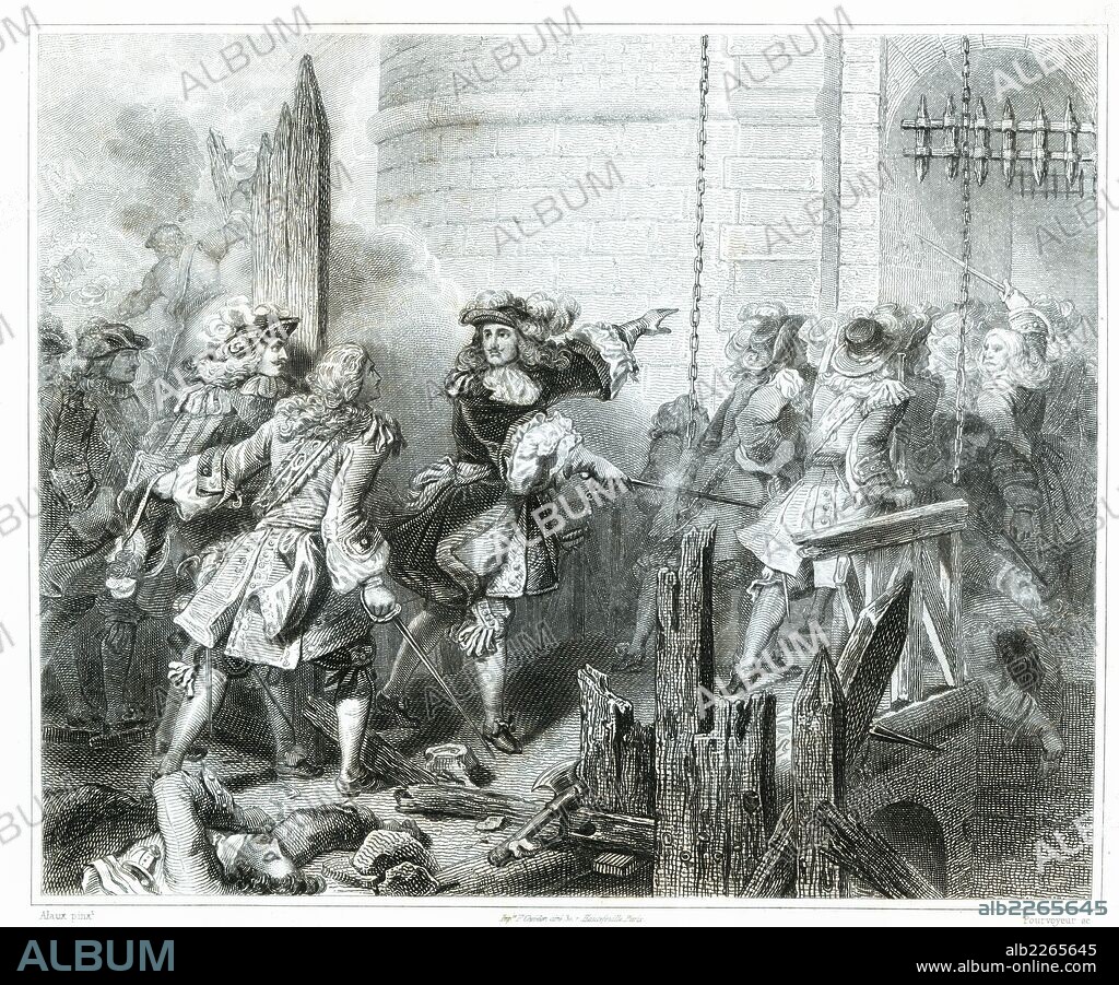 Francia. Toma al asalto de la ciudad Valenciennes por el rey Luis XIV el 16 de marzo de 1677 en el transcurso de la guerra franco-holandesa. Grabado de 1853.