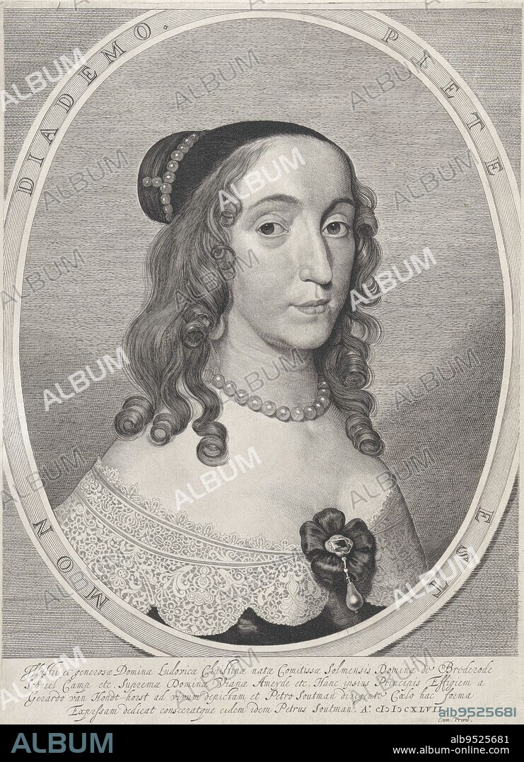 Ludovica Christina van Solms-Braunfels, wife of Joan Wolfert van Brederode. Around her neck a string of pearls. In the oval frame her motto. Print from a series of 6 prints with portraits of noblemen, Portrait of Ludovica Christina van Solms-Braunfels Portraits of Noblemen, print maker: Cornelis Visscher (II), (possibly), publisher: Pieter Claesz. Soutman, (mentioned on object), unknown, (mentioned on object), Haarlem, 1650, paper, engraving, h 408 mm × w 299 mm.