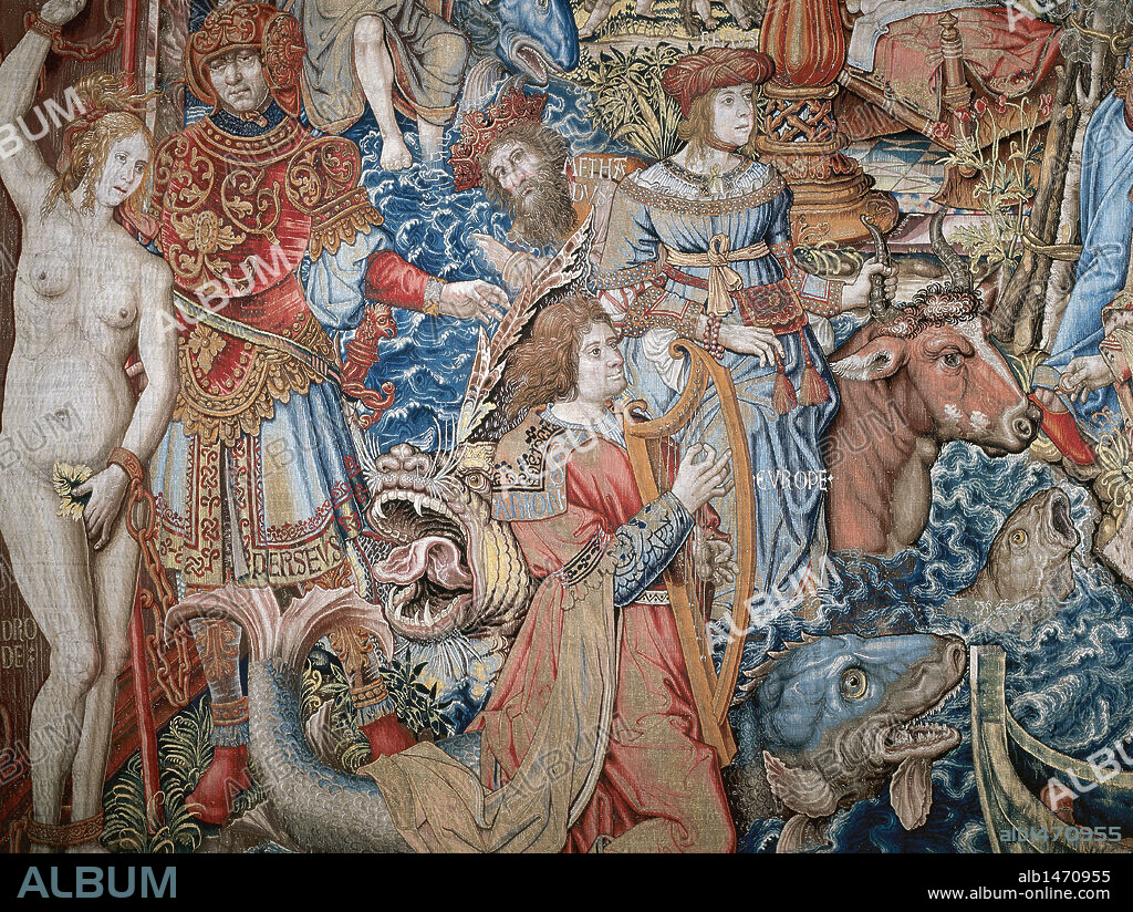 ARTE RENACIMIENTO. ESPAÑA. 'TAPIZ DE LA FORTUNA'. Detalle de uno de los ocho tapices de la serie 'HONORES Y VIRTUDES', realizado en Bruselas a mediados del S. XVI. Lana, seda y plata. Sala 3. Museo de los Tapices. Palacio Real de la Granja de San Ildefonso. Provincia de Segovia. Castilla-León. (Patrimonio Nacional) .