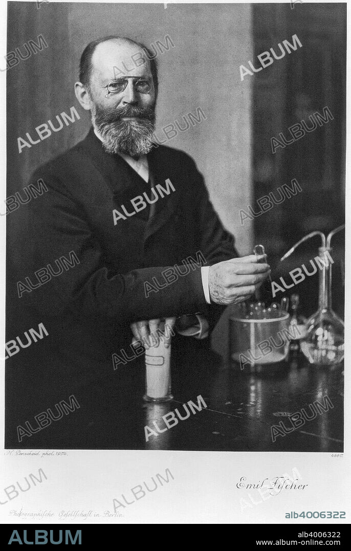 Emil Fischer, German organic chemist, 1904. Photographed with scientific instruments. In 1874 he discovered the first hydrazine base, phenylhydrazine, but he is famous for his studies of the purines and the sugars, conducted between 1882 and 1906, during which he realised that various substances like adenine, caffeine and uric acid were from one homogenous group, and that the parent substance was purine (which he synthesised in 1898). His work on sugars changed the understanding of these compounds and he was awarded the Nobel Prize for Chemistry in 1902.