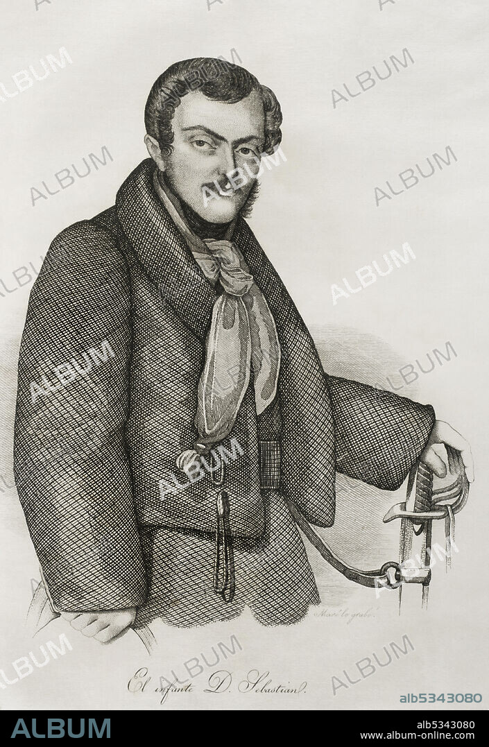 PEDRO CELESTINO MARé (FL.1842-1862 and D. CA.1880). SPANISH ENGRAVER.. Sebastian Gabriel of Bourbon and Braganza (1811-1875). Infante of Spain and Portugal. Carlist army commander in the Fist Carlist War. Portrait. Engraving by Pedro Celestino Maré. Panorama Español, Crónica Contemporánea. Madrid, 1842.