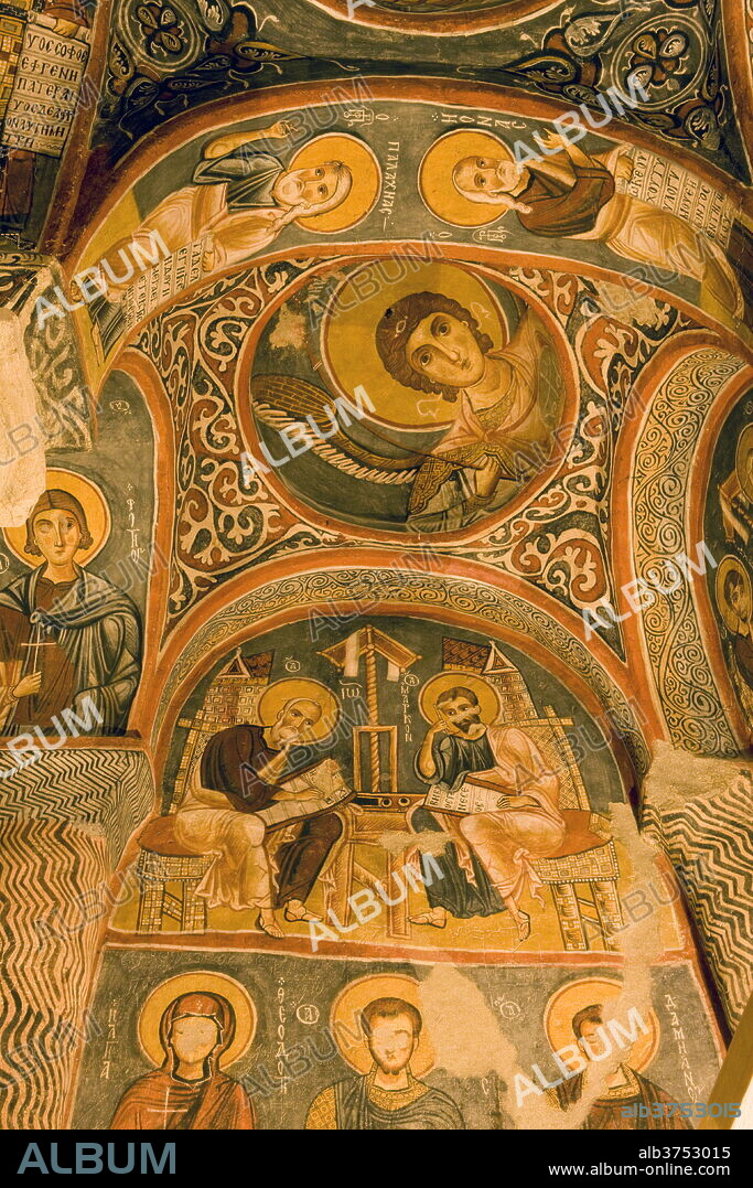 Frescoes in Goreme Open Air Museum's rock-cut Byzantine Karanlik Kilise (Dark Church), UNESCO World Heritage Site, Goreme, Cappadocia, Anatolia, Turkey, Asia Minor, Eurasia.
