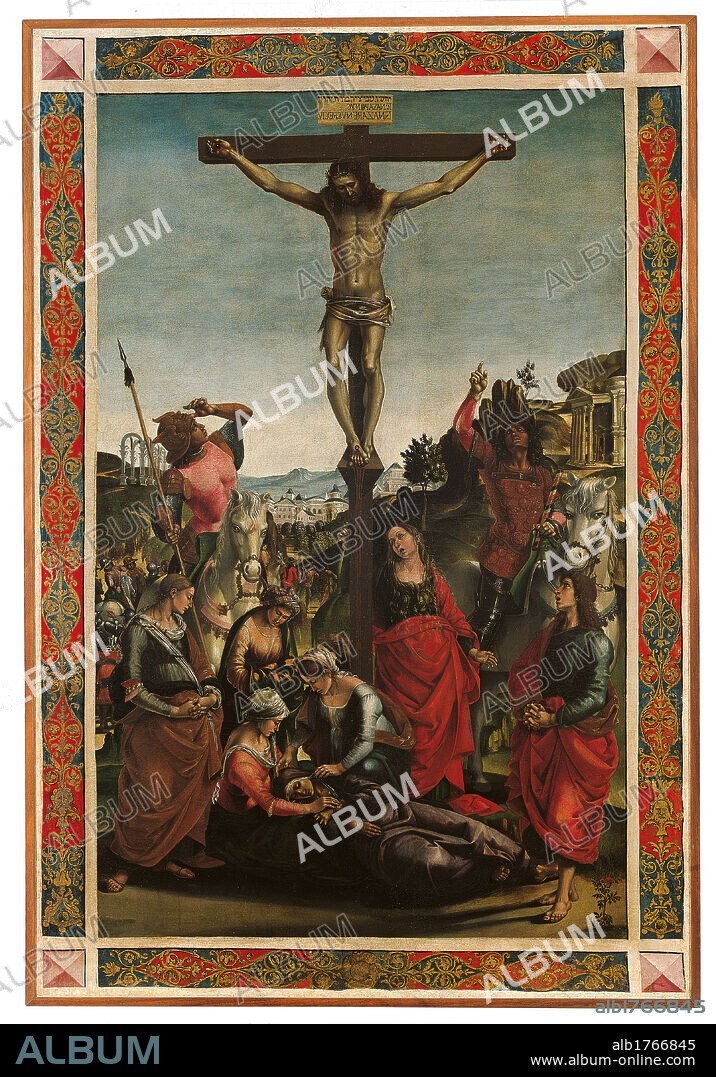 Standard (Crucifixion and The Descent of the Holy Spirit or The Pentecost), by Luca Signorelli, 1494 about, 15th Century, painting on canvas, cm 157 x 104. Italy, Marche, Pesaro Urbino, Urbino, Marche National Gallery. The standard was commissioned by Filippo Gueroli in 1494 for the chapel of the Confraternity of the Holy Spirit in the church of St Lucy in Urbino. All. Crucifixion. Jesus Christ cross crucifixion scroll anatomy wound rib martyrdom soldiers horses armor throw cast pious women Virgin mother Mary faint pain St John evangelist apostle. Authorization required for non editorial use.