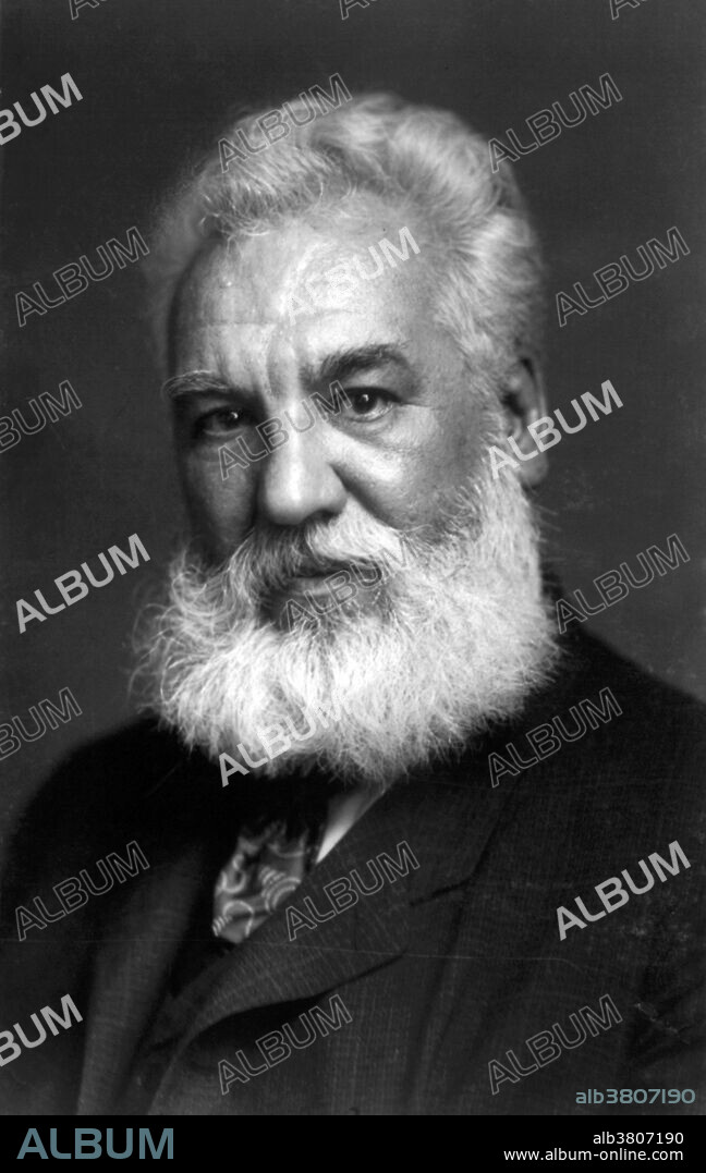 Alexander Graham Bell (March 3, 1847 - August 2, 1922) was a Scottish-American speech therapist and inventor of the telephone. Bell followed his father and grandfather into the speech therapy profession, but also studied sound waves and the mechanics of speech. By 1871, he had moved to the United States, becoming professor of vodal physiology in Boston. There he performed his experiments in converting sound waves into electrical impulses for transmission down wires. In 1876, he patented the telephone and founded what has become the AT&T company. In later years he made many improvements to the telephone, worked with Langley and Curtis on flying machines, and founded the journal "Science." He died of complications arising from diabetes in 1922 at the age of 75. His coffin was constructed of Beinn Bhreagh pine by his laboratory staff, lined with the same red silk fabric used in his tetrahedral kite experiments. No photographer credited, 1904.