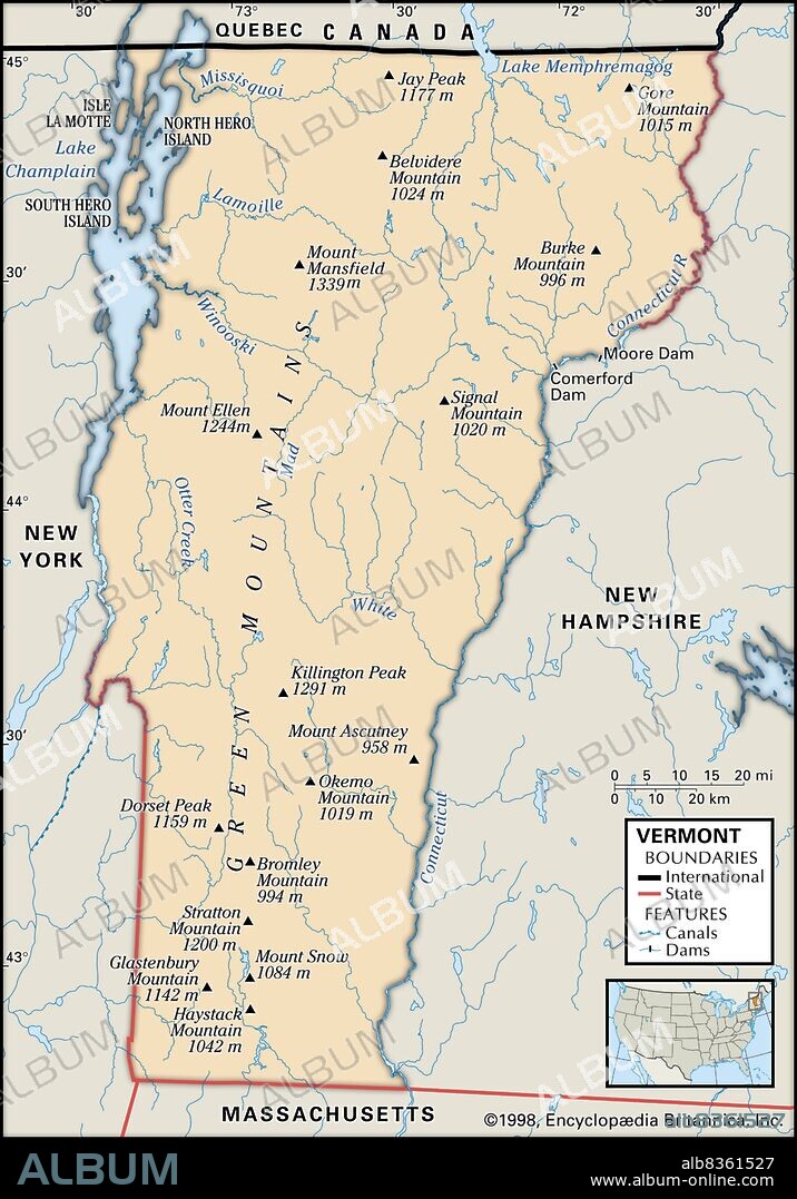 Physical map of Vermont.