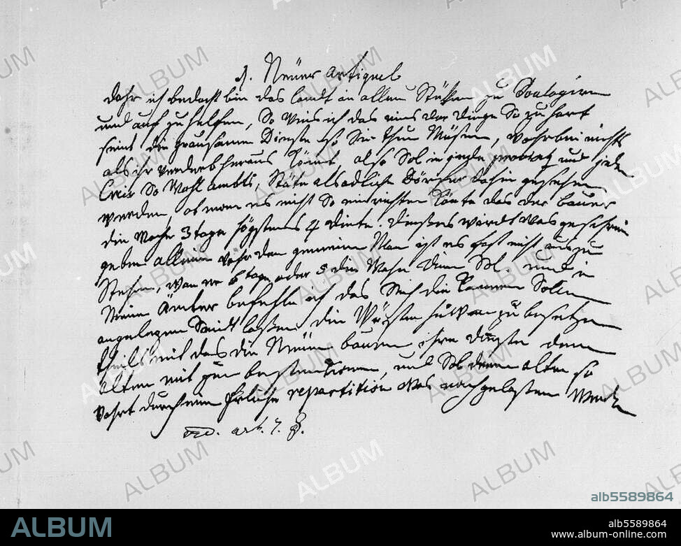 Friedrich II. (der Große), König von Preußen, 1712-1786. Eigenhändige Randbemerkung des Königs, niedergeschrieben 1748, zu einer Instruktion seines Vaters Friedrich Wilhelm I. für das Generaldirektorium von 1722, betreffend die Verminderung der Frondienste der Bauern. Berlin, SMB, Geheimes Staatsarchiv.