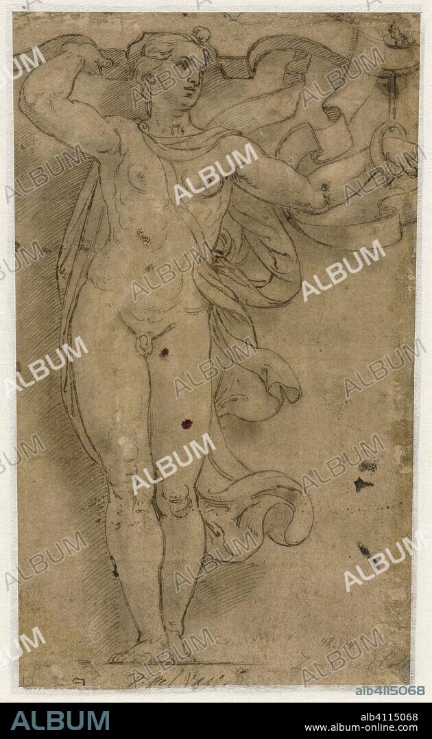 Hermaphrodite as Caryatid. Hermafrodiet als kariatide. Draughtsman: Giulio Romano. Dating: c. 1510 - c. 1521. Measurements: h 257 mm × w 150 mm.