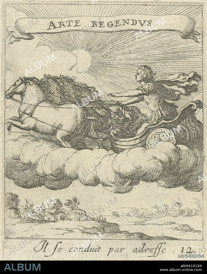 Apollo in his chariot, Albert Flamen, 1672, Apollo rides in his chariot, drawn by horses, along the sky. Beneath the clouds a landscape. On a banderole a motto in Latin and a caption in French, both about love., print maker: Albert Flamen, publisher: Etienne Loyson, Lodewijk XIV (koning van Frankrijk), print maker: Paris, publisher: Paris, France, 1672, paper, etching, h 84 mm × w 66 mm, FTZYC Doctype.