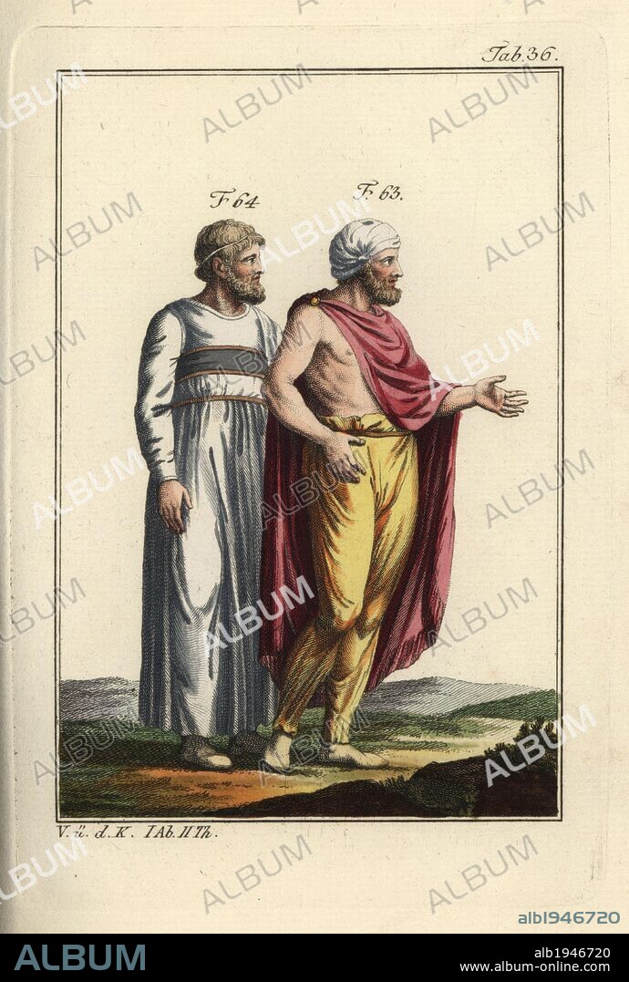 Dacian or Sarmatian man with turban, and priest of the Narhavalians, a Germanic race. Handcolored copperplate engraving from Robert von Spalart's "Historical Picture of the Costumes of the Principal People of Antiquity and of the Middle Ages" (1797).