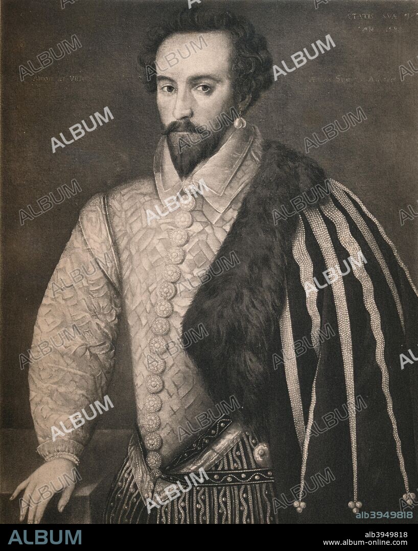 'Sir Walter Raleigh', 1588, (1904). Raleigh (1554-1618) was a favourite of Queen Elizabeth I, who knighted him in 1585. In 1584-1589 he was involved in an unsuccessful attempt to establish a colony in North America, but did introduce tobacco and the potato to Britain from the New World. Accused of treason by Elizabeth's successor, James I, he was imprisoned in the Tower of London and eventually put to death in 1618. From the collection of the National Portrait Gallery. From James I. and VI, by T. F. Henderson. [Goupil & Co., Paris, Edinburgh, New York, London, 1904].