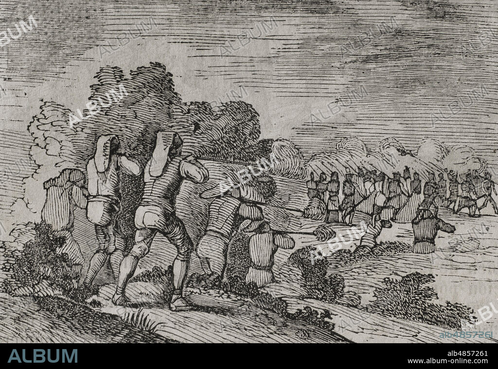 Guerra de Independencia Española. Batalla del Bruch (6 de junio de 1808). Combate entre tropas españolas dirigidas por el general Franch y las tropas francesas al mando del general Schwartz. El resultado fué el de una victoria española. "Voluntarios y somatenes catalanes durante la emboscada en el paso del Bruch". Grabado. Historia del Levantamiento, Guerra y Revolución Española, por el conde Toreno, Madrid,1852.