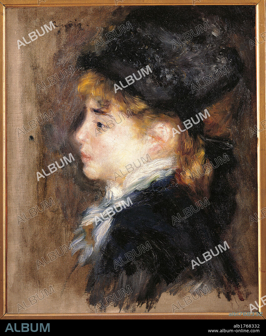 Portrait of a Woman, possibly Margot, by Pierre-Auguste Renoir, 1876-1878 about, 19th Century, oil on canvas, cm 46,5 x 38. France, Ile de France, Paris, Muse dOrsay, R.F. 1951-39. All. Margot portrait young woman ribbon hat black azure light blue.