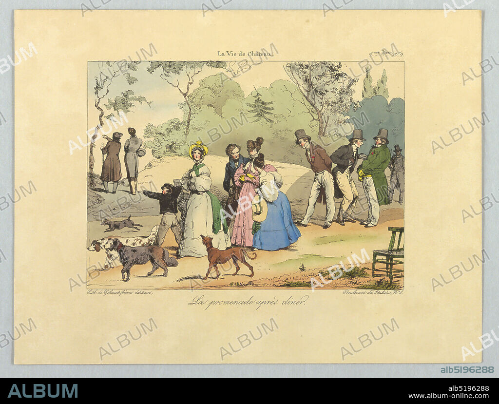 La promenade après dîner, from La vie de château, Gihaut Frères, French, 1815 - 1871, Eugène Louis Lami, French, 1800 - 1890, Lami-Denozan Libraire, French, active 19th c., Lithograph, brush and watercolor on paper, People walking in a park; come conversing. Four dogs, left, with them. Title and artists' names below., Paris, France, 1832, Print, Print.