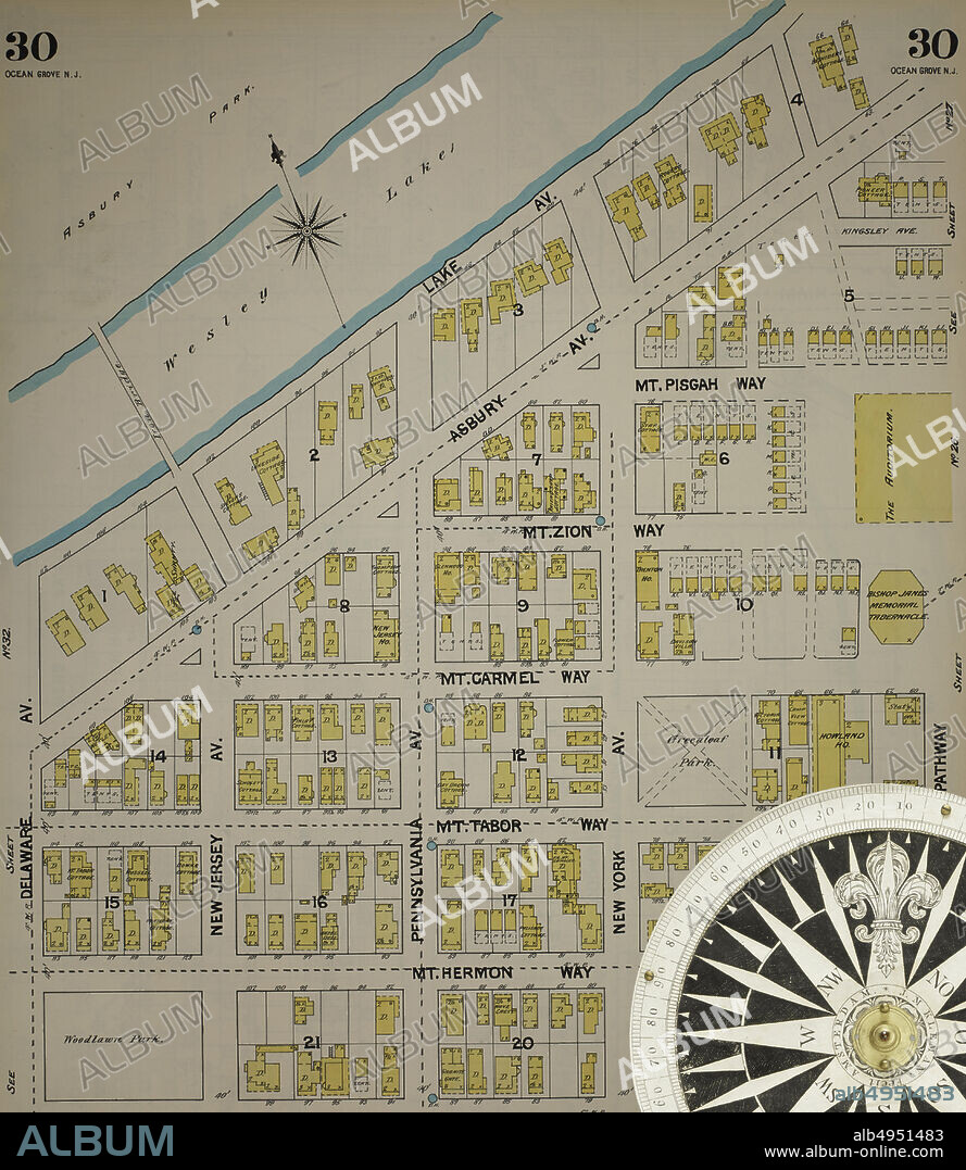 Image 31 of Sanborn Fire Insurance Map from New Jersey Coast, New Jersey Coast, New Jersey. 1890 Vol. 4. 42 Sheet(s). Includes Anglesea, Avalon, Cape May, Cape May Point, Holly Beach City, Mount Vernon, New Mount Vernon, Ocean City, Sea Isle City, Shellingers Landing, West Cape May, Wildwood Beach. Bound, America, street map with a Nineteenth Century compass.