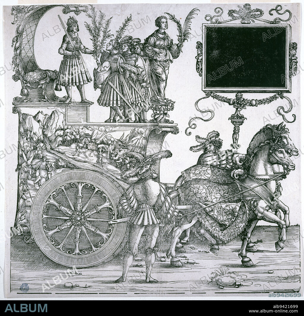 The Triumphal Procession of Emperor Maximilian I: Chariot with burning of a hamlet (Dornik-Eger 36, Bartsch 81), Burgkmair, Hans (the Elder), Author of the model, Dürer, Albrecht (workshop of), Engraver, Between 1512 and 1519, 1st quarter of the 16th century, Print, Graphic arts, Original print, Dimensions - Work: Height: 37.7 cm, Width: 38 cm.