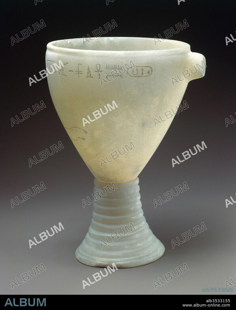 Brewer's Vat of Queen Mother Ankhenes-Pepi, Old Kingdom, Dynasty 6, ca. 2246–2152 B.C., From Egypt; Probably from Memphite Region, Saqqara, South Saqqara, Travertine (Egyptian alabaster), H. 17.3 × diam. 11.4 cm (6 13/16 × 4 1/2 in.); spout L. 1.5 cm (9/16 in), This miniature spouted basin on a stand is copied from a large pottery brewer's vat that would have rested on a woven reed stand. It was probably part of the funerary equipment of Queen Mother Ankhnes-Pepi or of her son Pepi II.