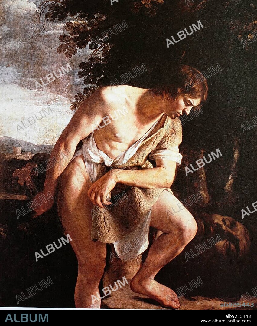 Orazio Gentileschi, actually Orazio Lomi, baptised 9 July 1563, until 11 September 1639, was an Italian painter and fresco artist between late Mannerism and Baroque, here the painting David and Goliath, Historic, digitally restored reproduction of an original from the 19th century, exact original date unknown.