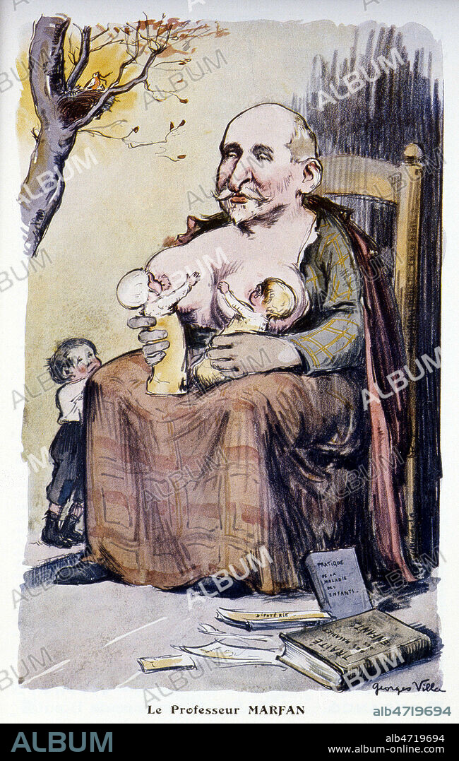 'Le professeur Bernard-Antoine MARFAN (1858-1942), specialiste de la medecine enfantine. Portrait charge de Georges VILLA (1883-1965) pour Chanteclair de 1912. ADAGP. Credit : Coll. Jonas/KHARBINE-TAPABOR.