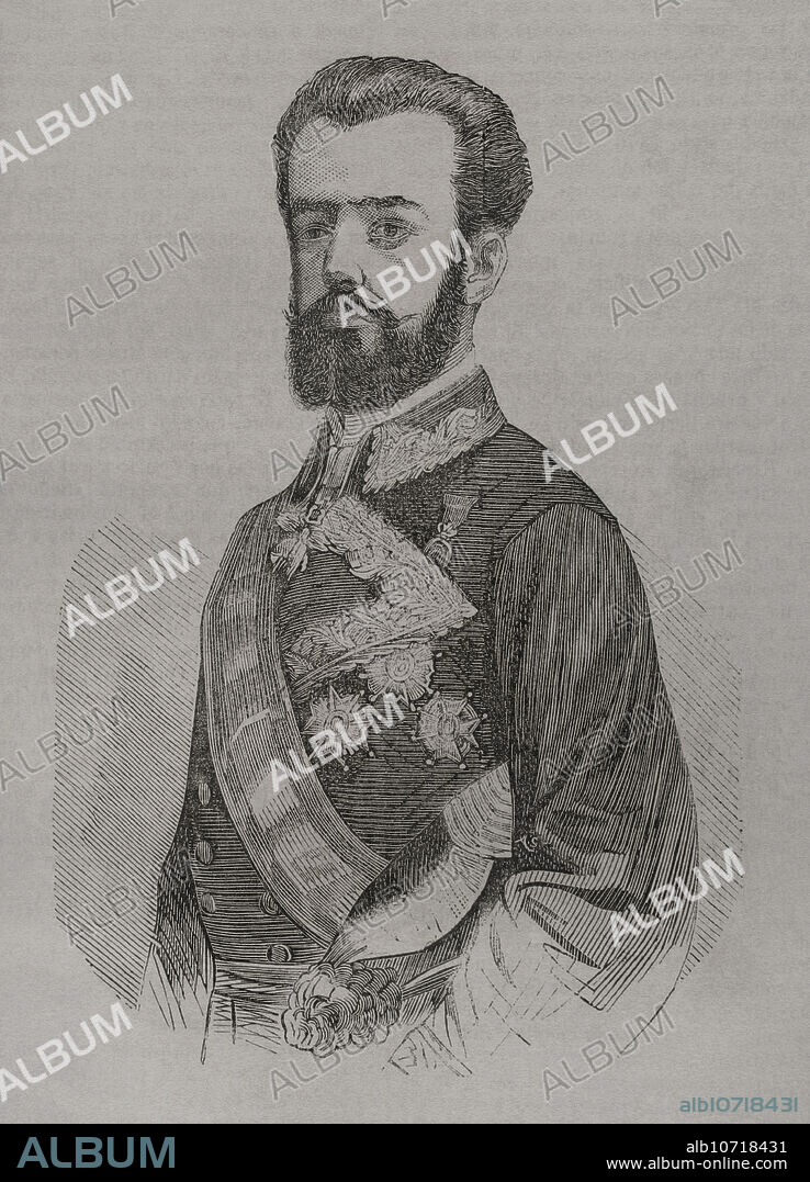 Amadeo I of Spain (1845-1890). King of Spain from January 2, 1871 to February 11, 1873. First Duke of Aosta. Portrait. Engraving. "Historia de la Guerra de Francia y Prusia" (History of the War between France and Prussia). Volume II. Published in Barcelona, 1871.