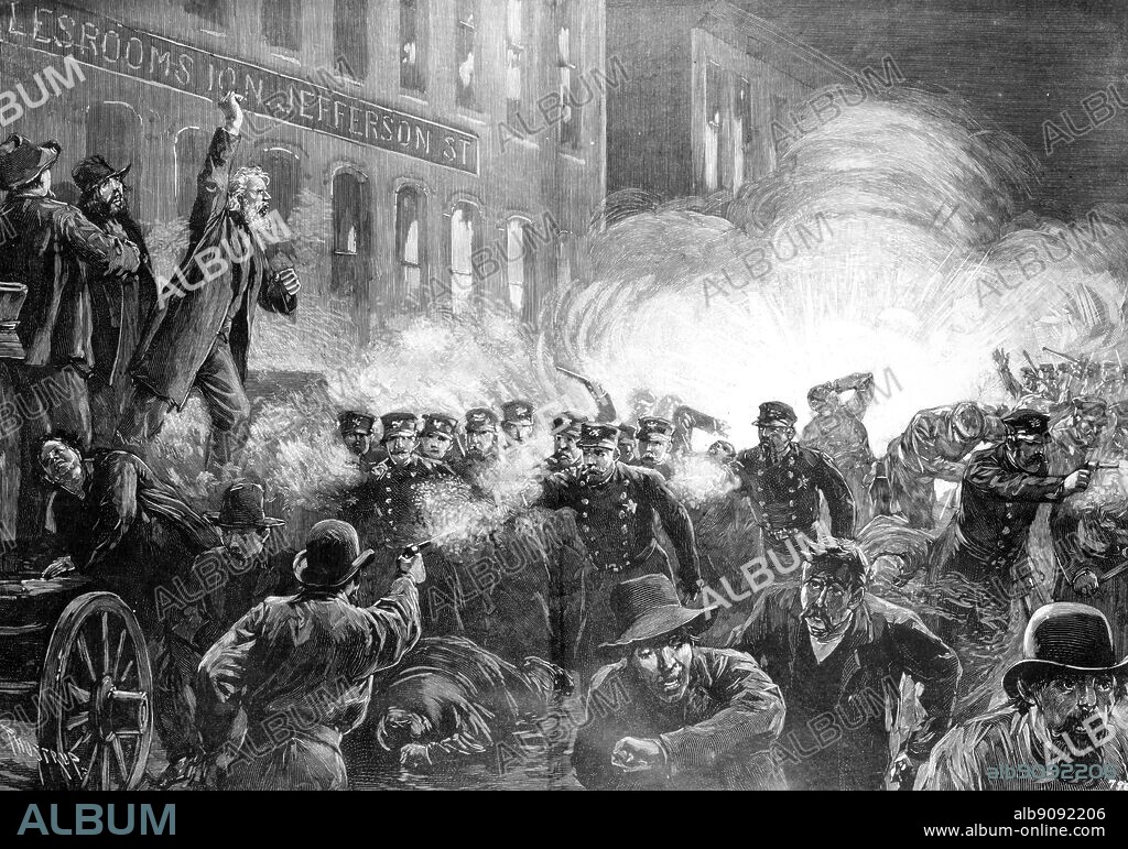 The anarchist riot in Haymarket Square, Chicago 1886 - A dynamite bomb exploding among the police.. Engraving from Harpers Weekly May 15 1886.
