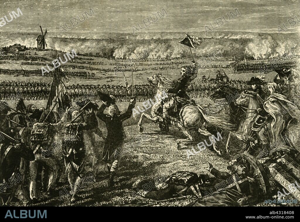 'The Battle of Valmy', 1792, (1890). Battle of Valmy on 20 September 1792. A major victory by the French army during the French Revolutionary Wars. Prussian troops under the Duke of Brunswick attempted to march on Paris. Generals Francois Kellermann and Charles Dumouriez stopped the advance at Valmy.  From "Cassell's Illustrated Universal History, Vol. IV - Modern History", by Edmund Ollier. [Cassell and Company, Limited, London, Paris and Melbourne, 1890].